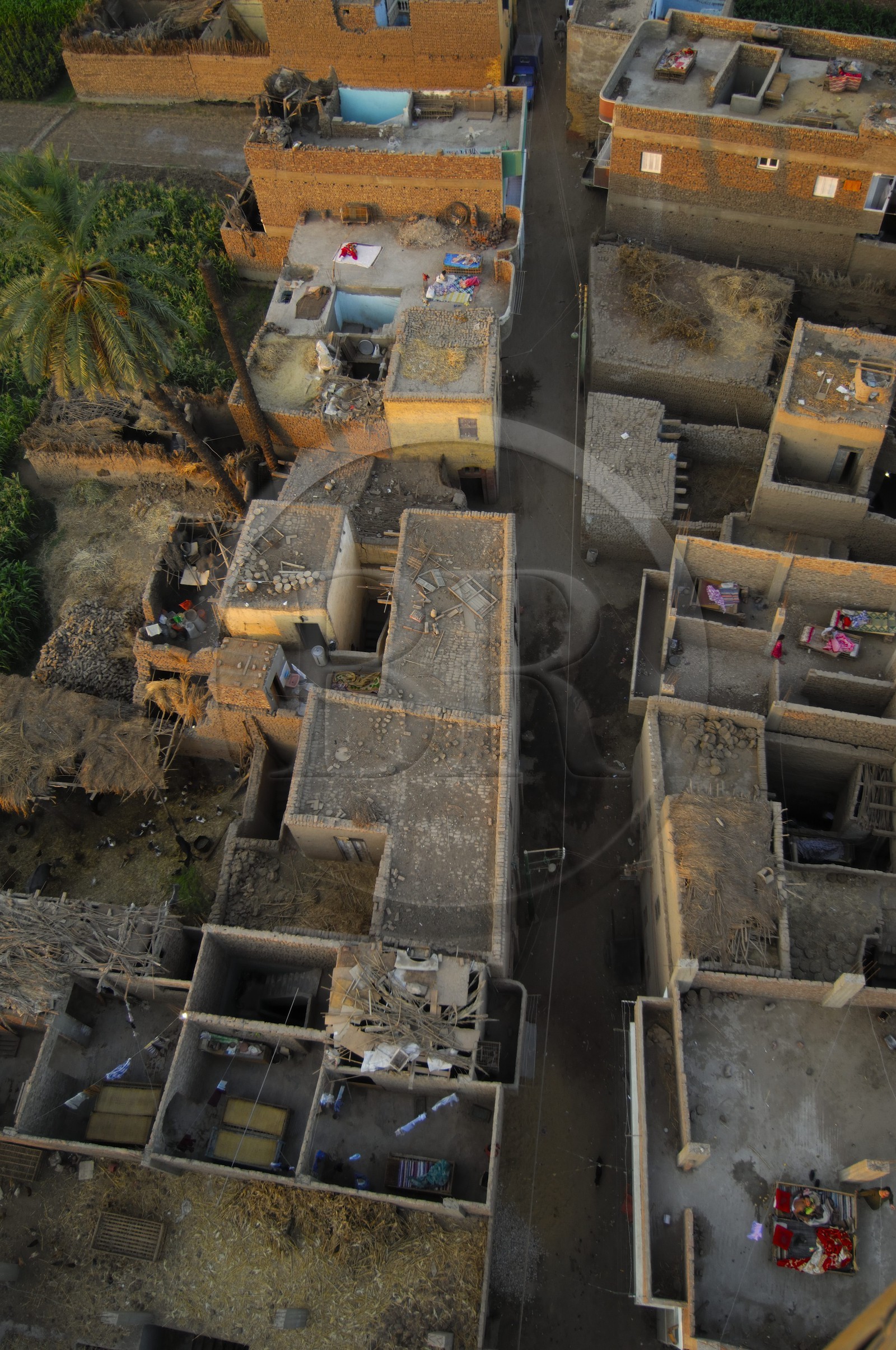 Egypte, Haute Egypte, vallée du Nil, Louxor, un village de la rive ouest (vue aérienne)