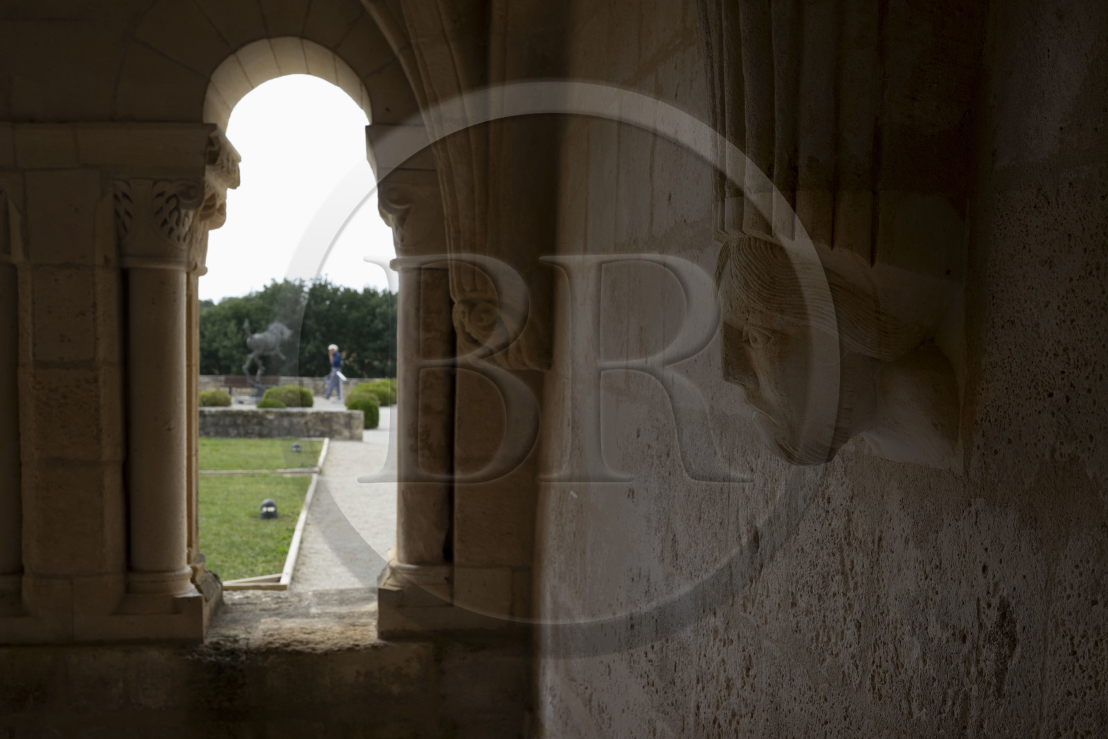 France, Charente Maritime, the former priory of Saint-Jean-l'Evangéliste de Trizay, called the abbey of Trizay, houses a contemporary art center, head support column in the chapter house