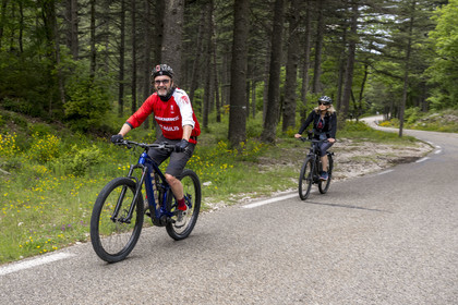 France, Vaucluse (84), Parc Naturel Régional du Mont Ventoux, Bedoin, ascension à vélo du Mont Ventoux par la route D974 sur le versant sud, le guide-accompagnateur Olivier Brunaud (Egobike)