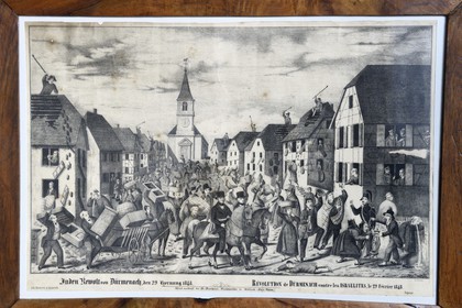France, Haut Rhin, Sundgau, Oltingue, the Peasant Museum, engraving of the anti-Jewish riots of 29 February 1848 in Durmenach