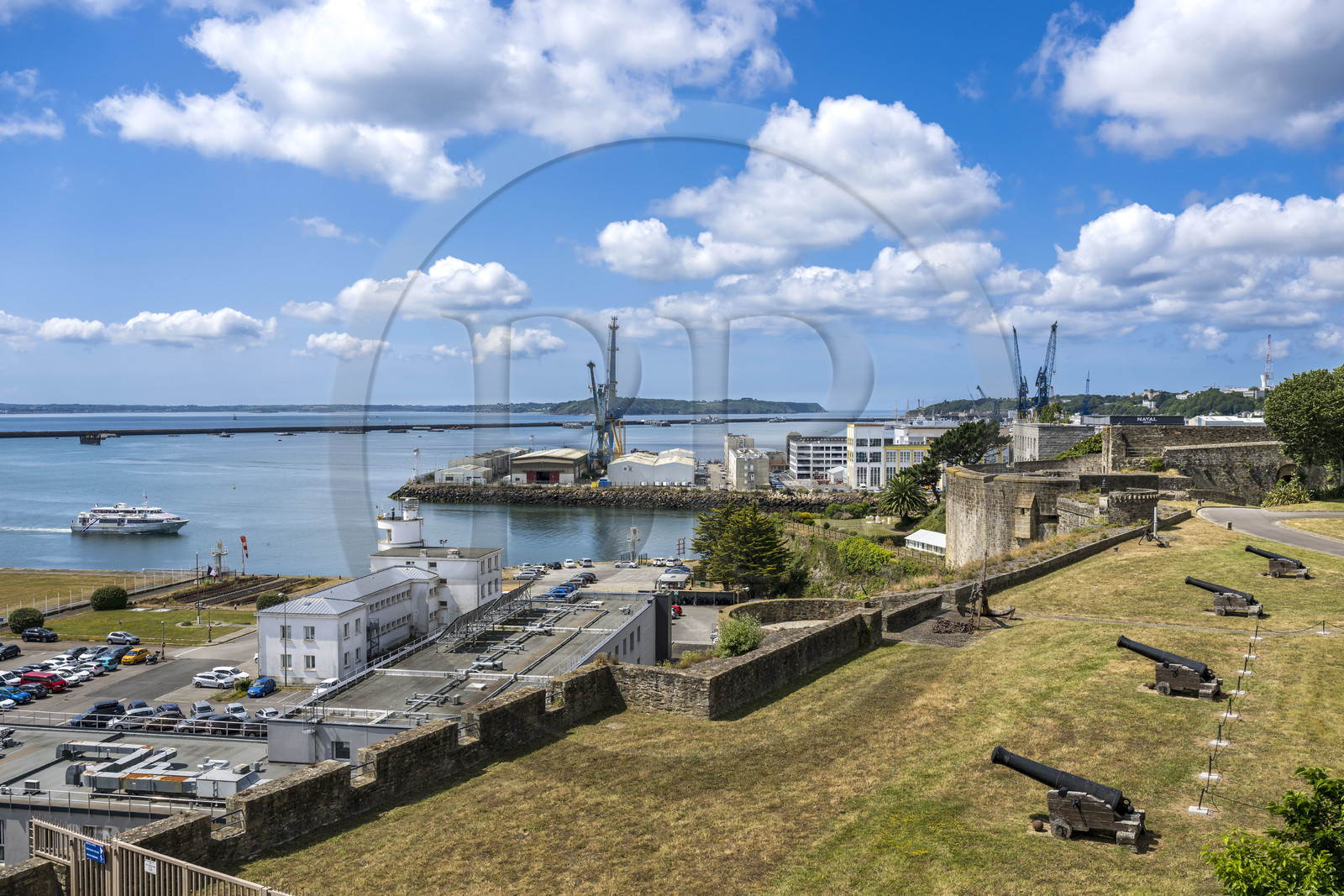 France, Finistère, Brest, the arsenal, the Rade-Abri of the military port naval base of the French Navy seen from the castle, canon Battery of the Rose