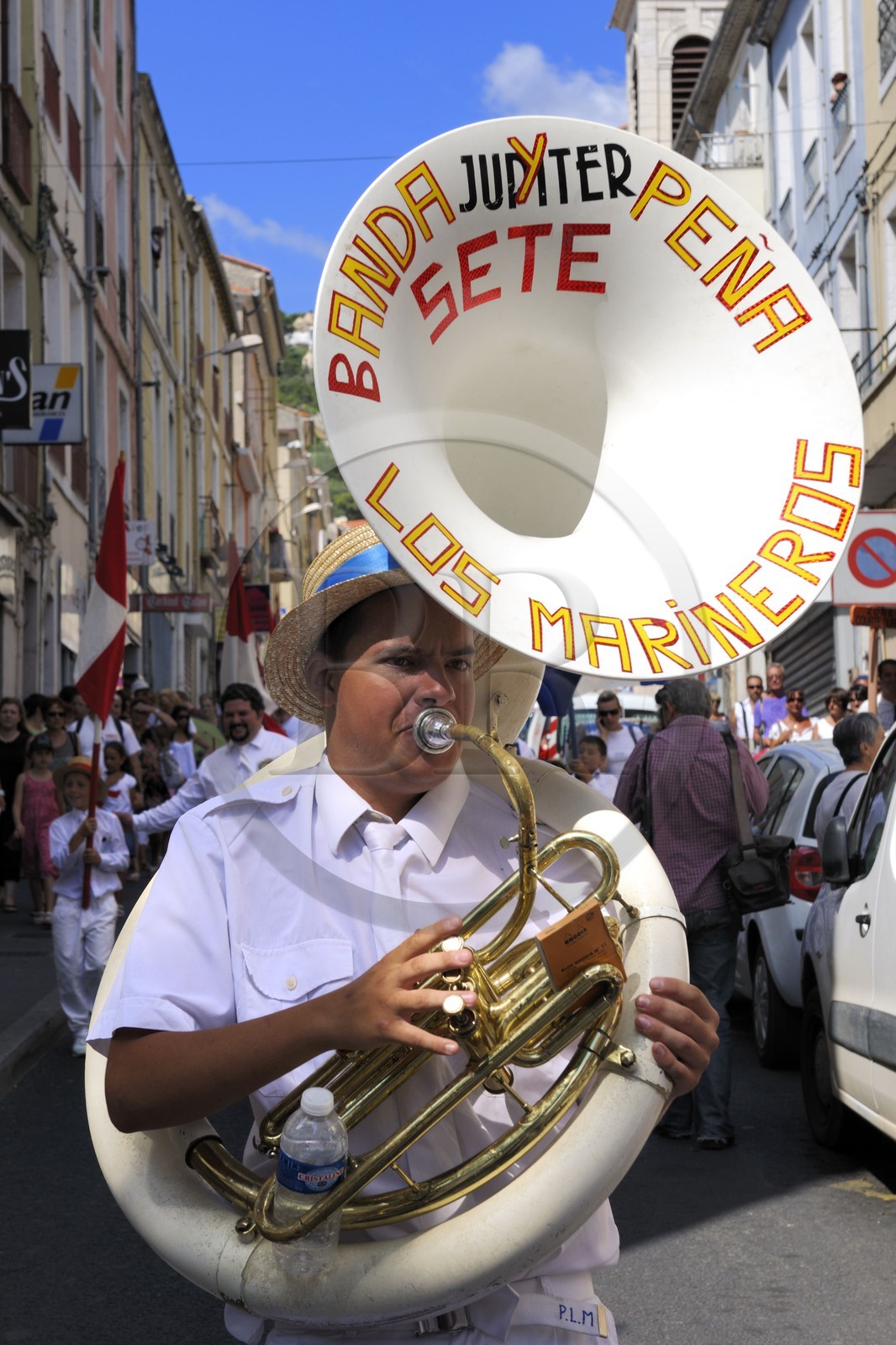 France, Herault, Sete, Fete de la Saint Louis (St Louis's feast), parade of the water jousters with the Los Marineros Orchestra