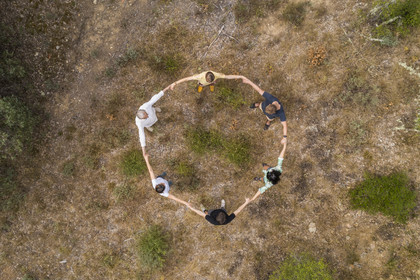 France, Var, Provence Verte (Green Provence), Bras, Academie du Bain de Foret Provencale (Academy of Forest Bathing in Provence), forest of the domaine Le Peyrourier - une campagne en Provence, Constanze Coisne guides Shinrin Yoku (aerial view)