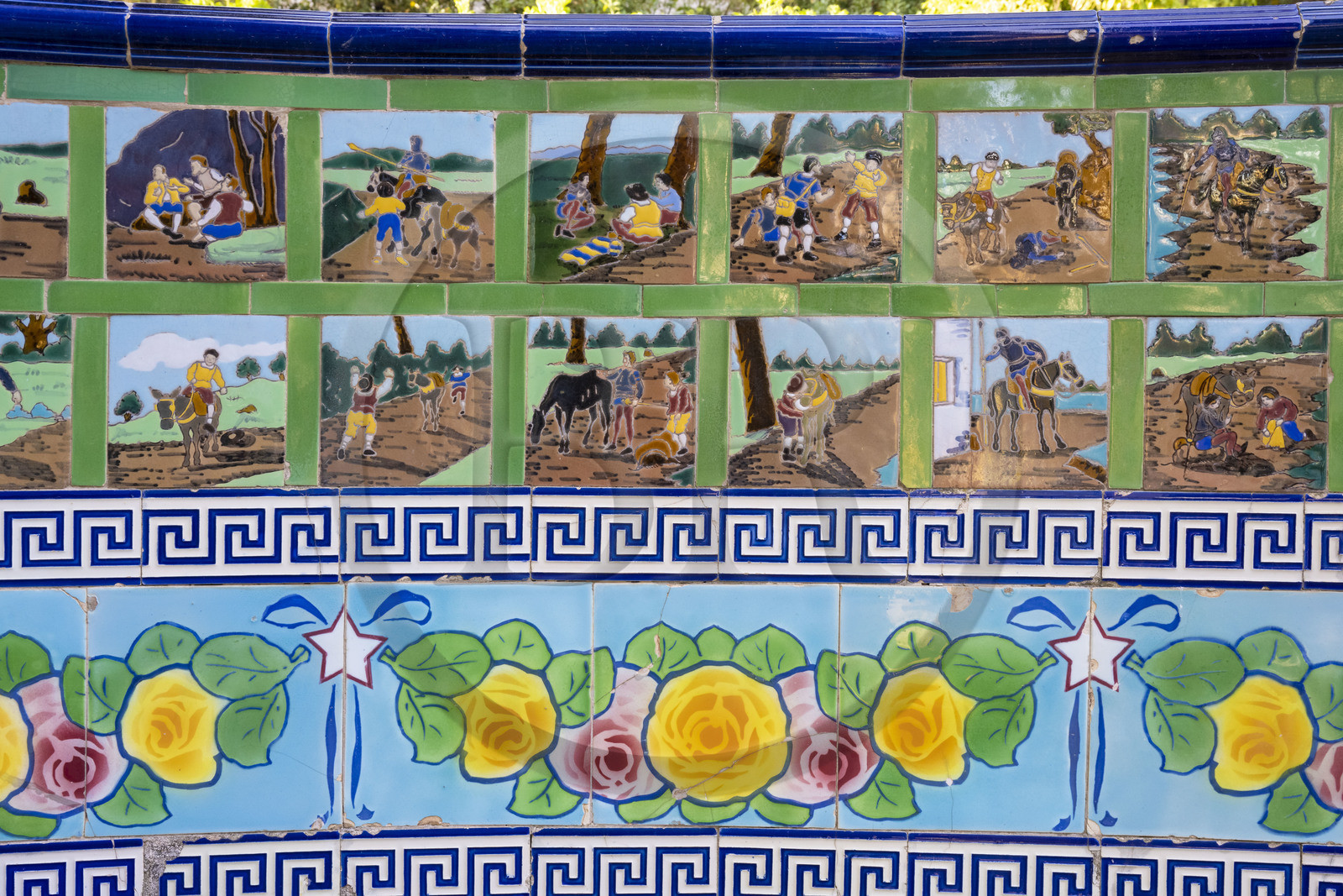 France, Alpes-Maritimes (06), Menton, Jardin Fontana Rosa, Rotonde de Cervantès, bancs décorés de carreaux de céramique illustrant les aventures de Don Quichotte