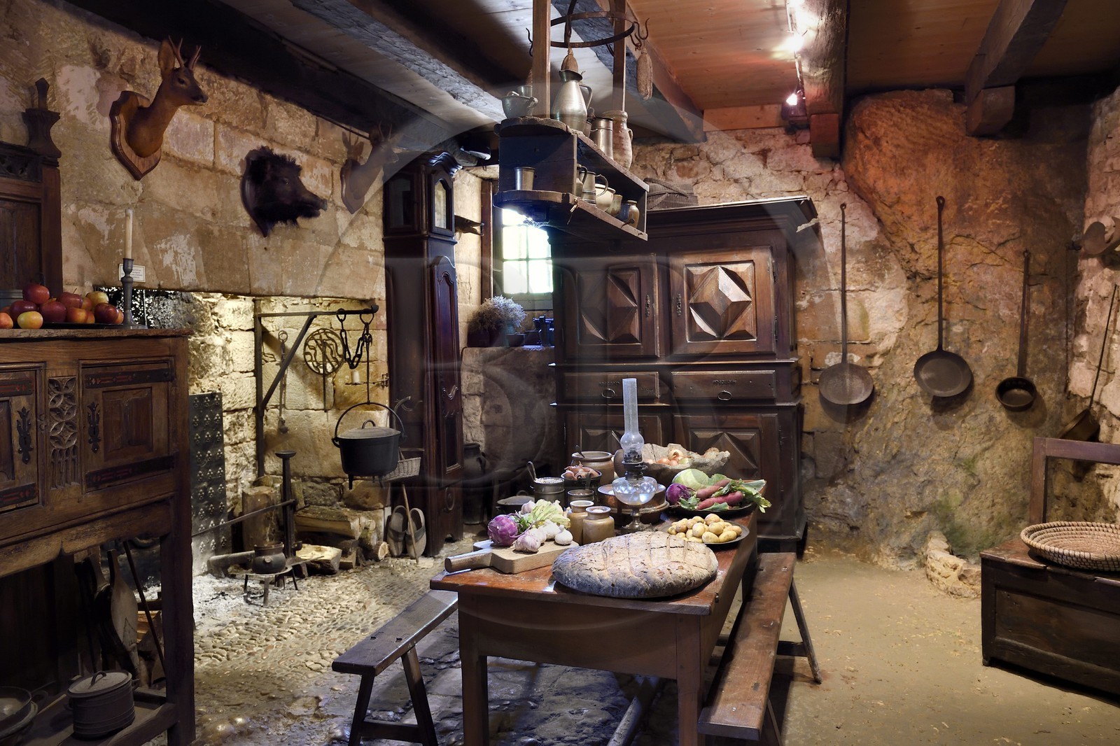 France, Dordogne, Perigord Noir, Vezere Valley, Tursac, the 16th century Reignac troglodytic and fortified house, the kitchen
