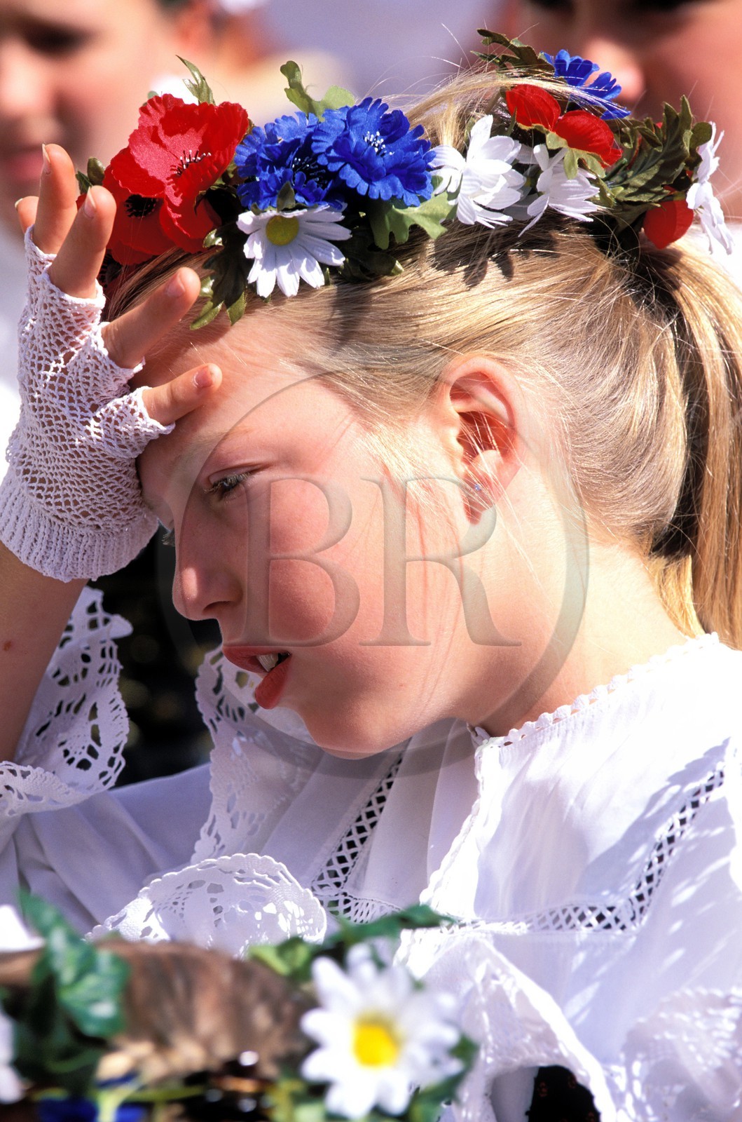 France, Haut Rhin, Eguisheim village, labelled Les Plus Beaux Villages de France (The Most Beautiful Villages of France), wine celebration, girl in traditional costume and crown