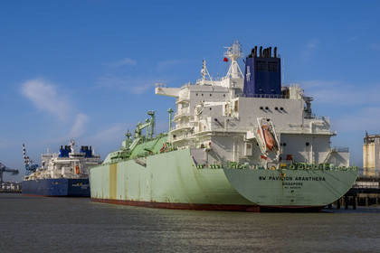 France, Loire Atlantique, Estuaire de la Loire, Saint Nazaire, LNG tanker at dock in Grand port maritime de Nantes-Saint-Nazaire of  Montoir-de-Bretagne LNG terminal