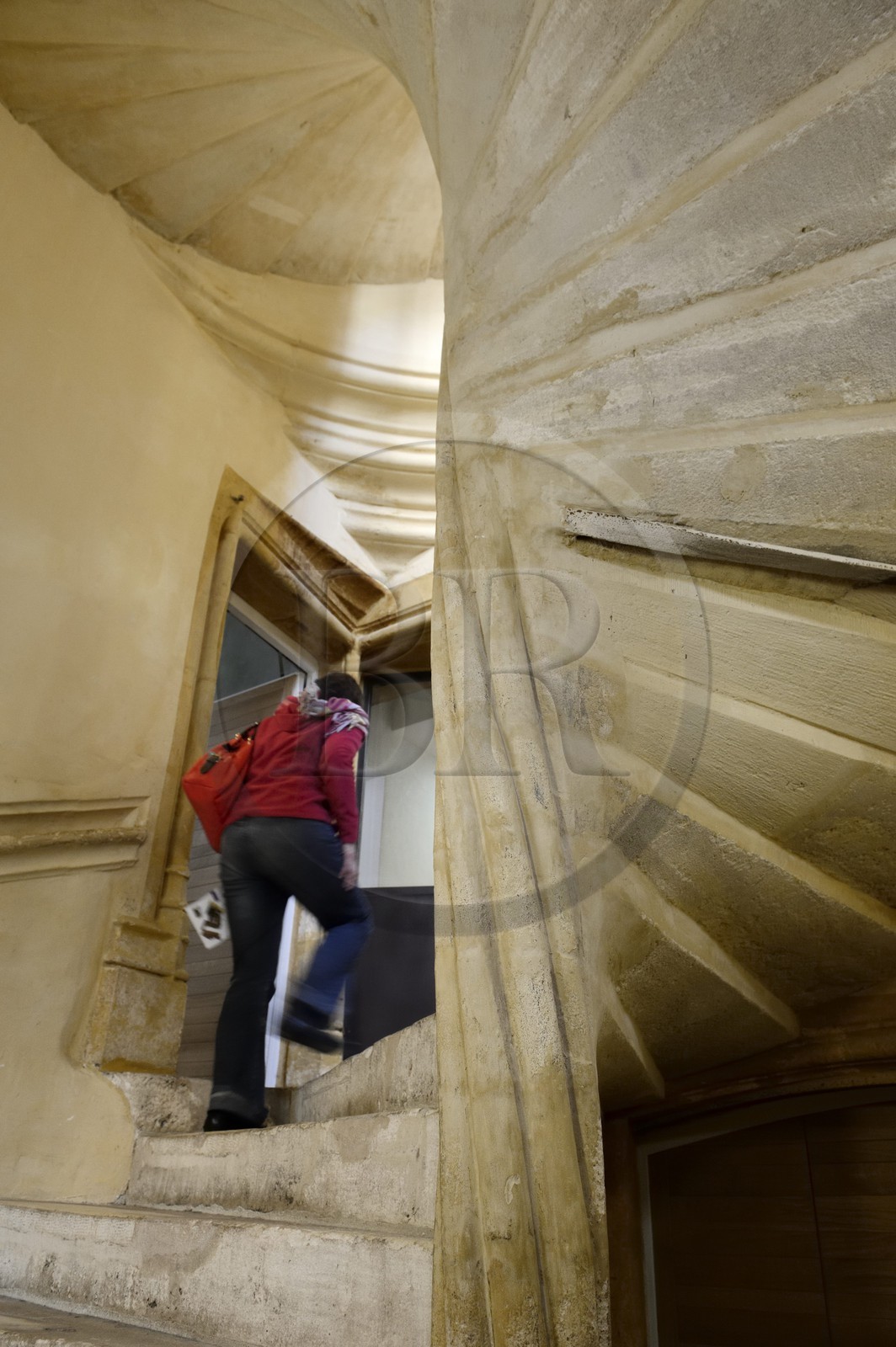 France, Rhone, Lyon, historical site listed as World Heritage by UNESCO, St. Paul neighborhood in the Vieux Lyon (Old Town), the Renaissance Hotel de Gadagne housing the Gadagne museums, the grand staircase