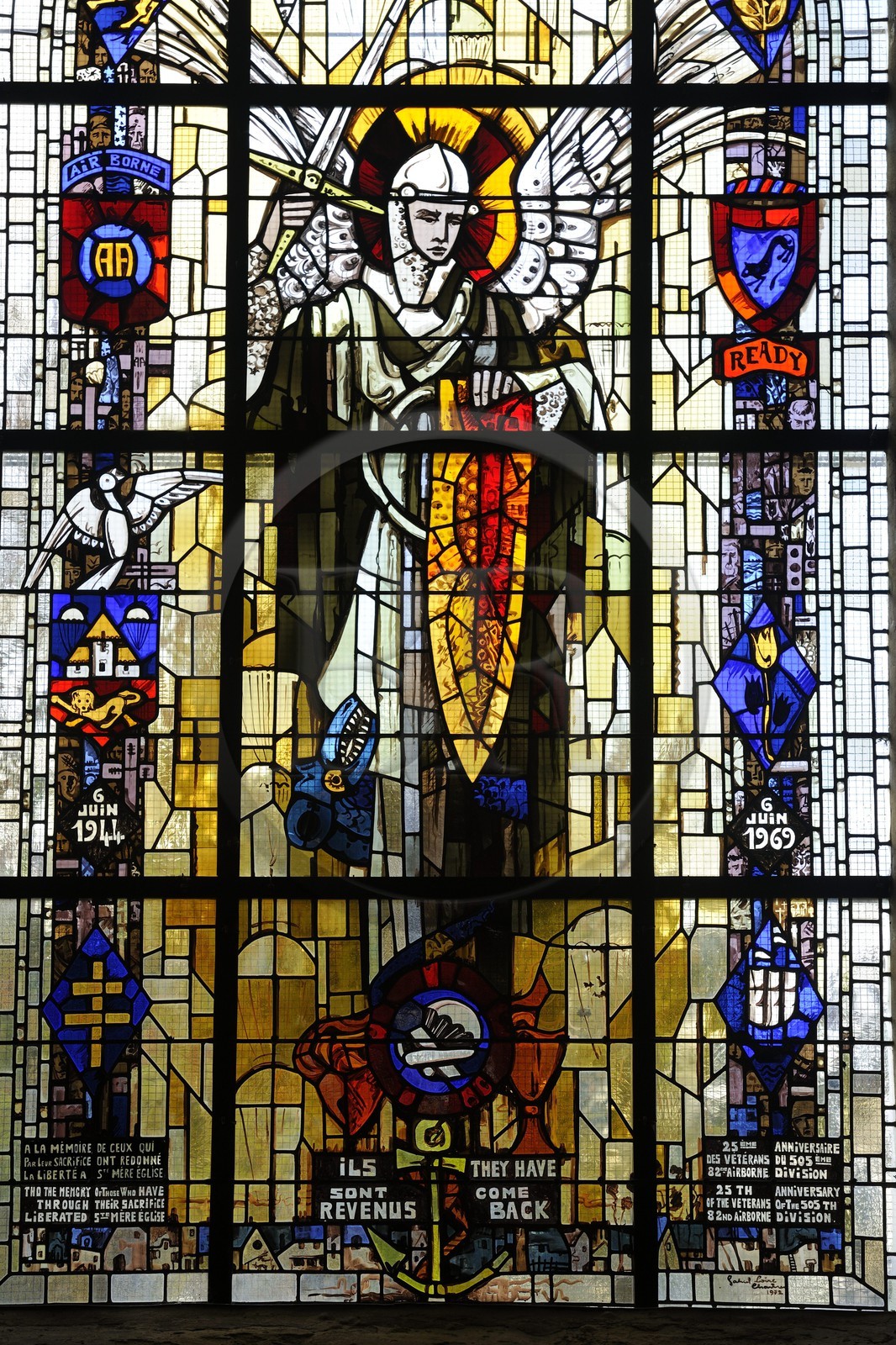 France, Manche, Cotentin, Sainte Mere Eglise, stained glass in memory of the landing of D day