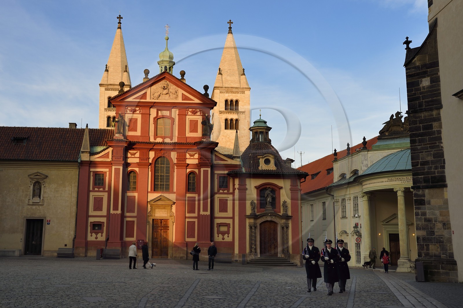 Czech Republic, Prague, Hradcany (Castle district), romanesque towers and the Baroque façade of the basilica St George
