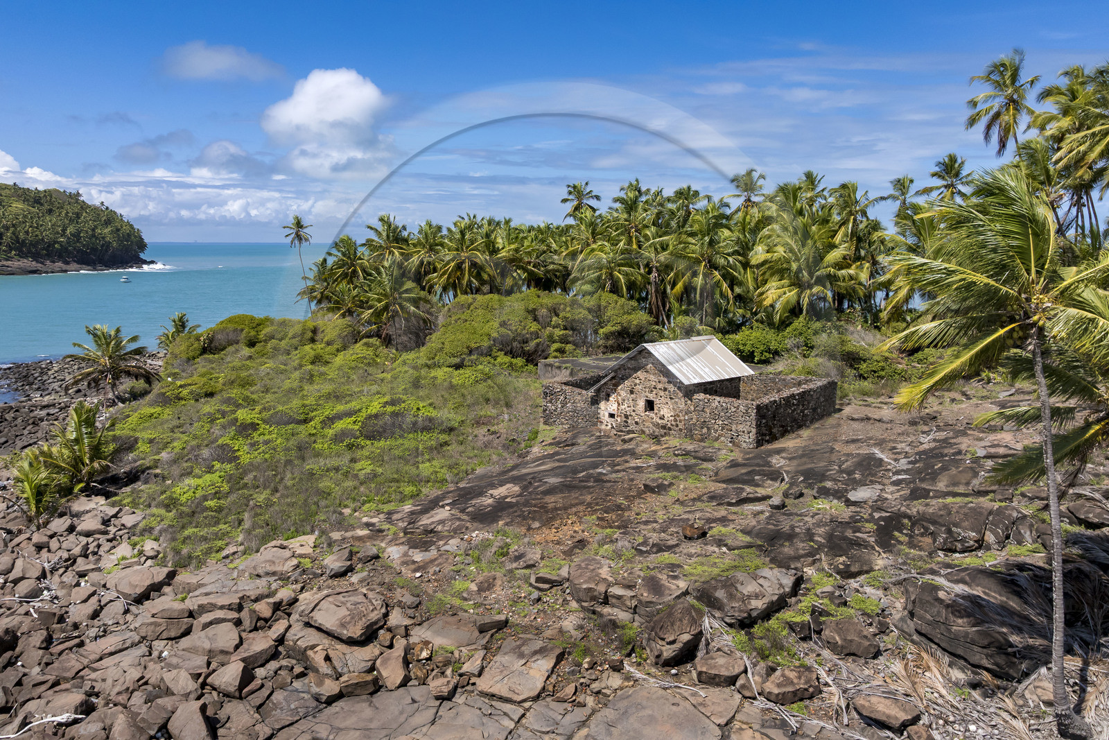 France, French Guiana, Kourou, Salvation Islands (Iles du Salut), Devil's Island, the hut served as a prison for Alfred Dreyfus from April 13, 1895 to June 9, 1899 (aerial view)