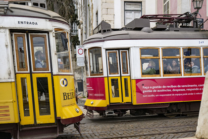Portugal, Lisbon, Alfama district, tram (electricos) at the Largo das Portas do Sol, line 28 is the most famous and picturesque