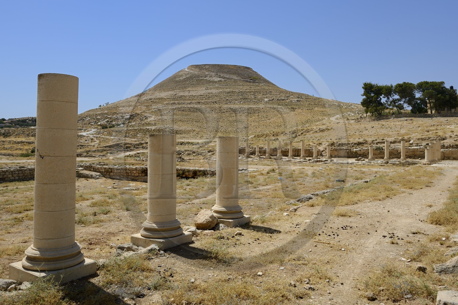 Israel, West Bank, Herodium or Herodion is a volcano-like hill with a truncated cone with a a fortress and palace build by Herod the Great (Herodion National Park), remains of the palace of the lower Herodium and its basin