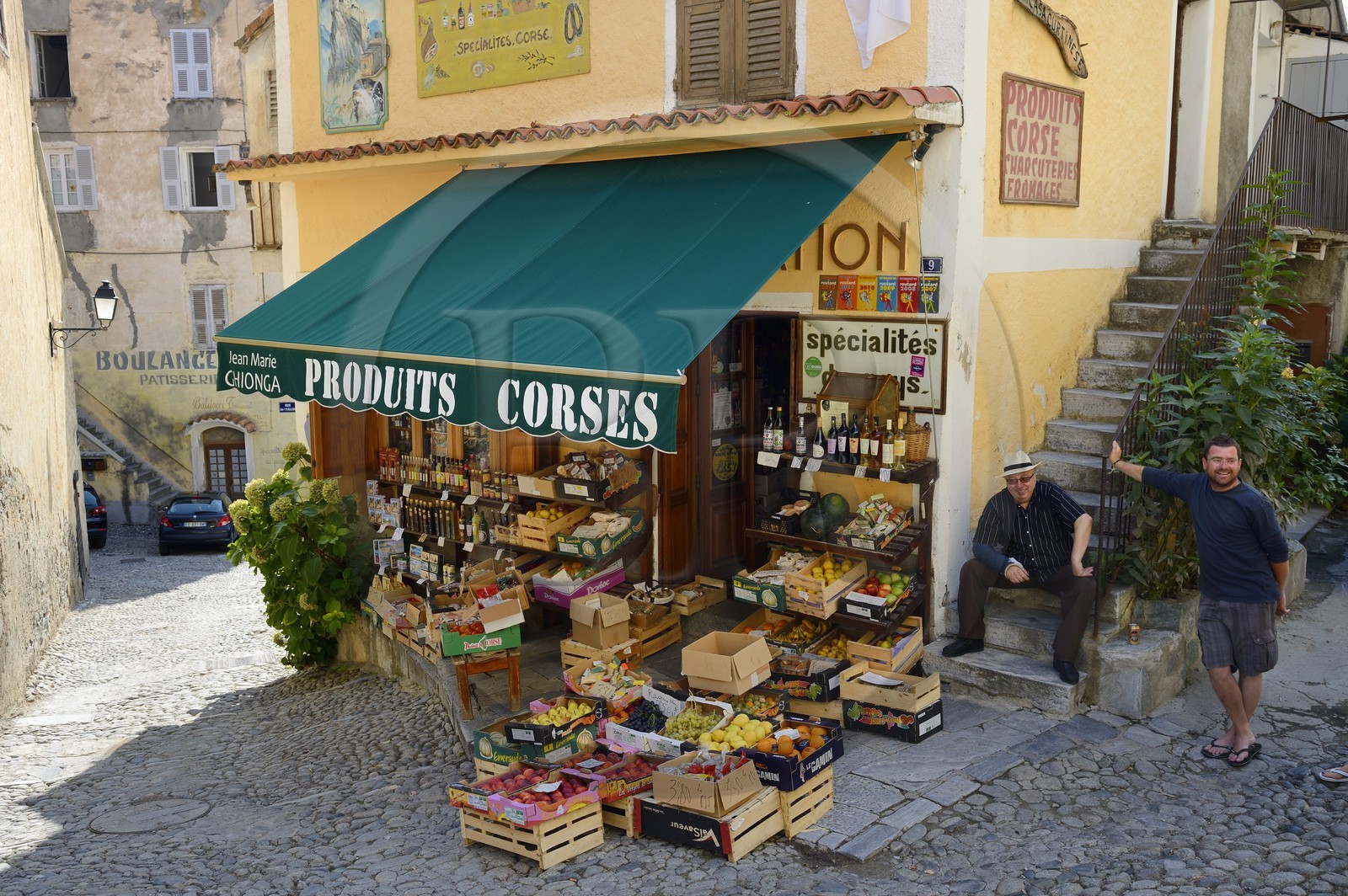 France, Haute Corse, Corte, the epicerie Casa Curtinese hold by Jean-Marie Ghionga (with the white hat),  a shop of corsican specialities