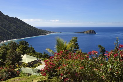 Caribbean, Dominica Island, Soufriere Bay, Soufriere, Jungle Bay hotel and the Cachacrou peninsula in the background