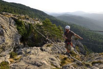France, Corse du Sud, Alta Rocca, massif of Bavella, Via ferrata of the adventure park Corsica Madness