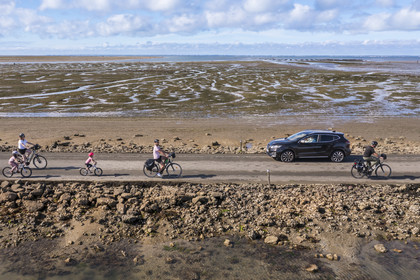 France, Vendée (85), île de Noirmoutier, Barbatre, cyclistes sur le passage du Gois, chaussée submersible qui relie l'île au continent à marrée basse (vue aérienne)