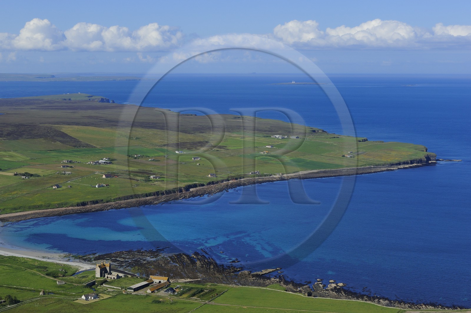 United Kingdom, Scotland, Highland, the east coast of Caithness north of Wick, farms around Freswick Bay (aerial view)