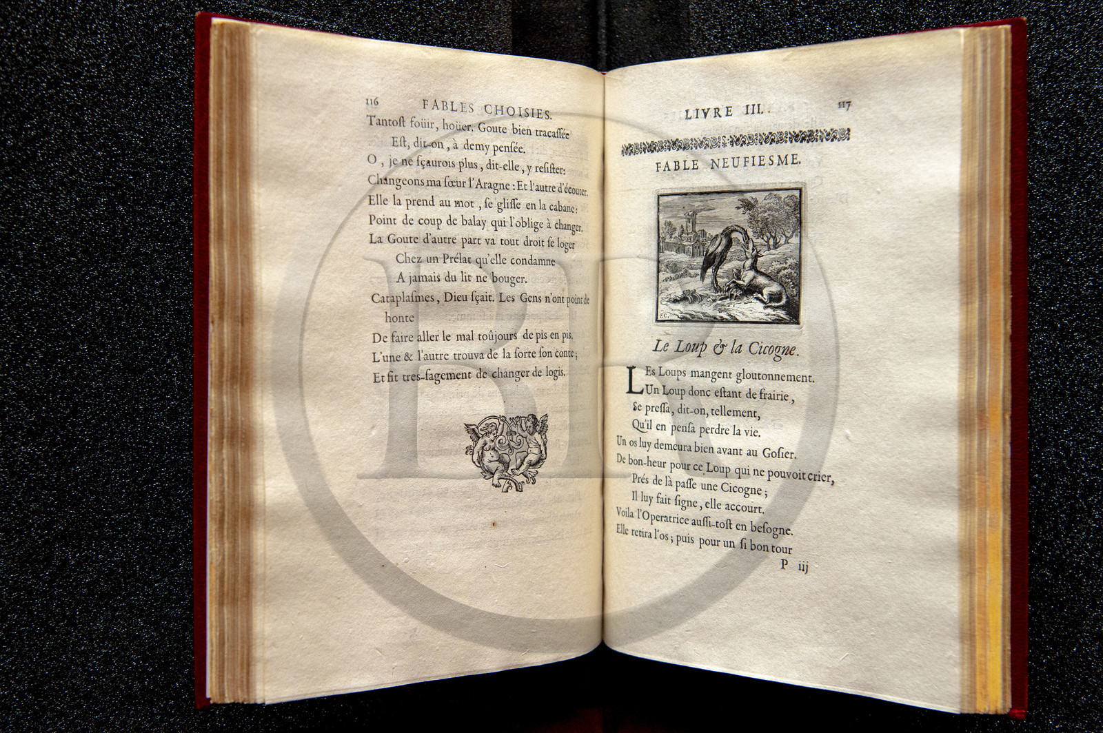 France, Aisne, Château-Thierry, Jean de La Fontaine Museum - city of Chateau-Thierry, first edition of the La Fontaine's Fables book, Edition Claude Barbin and Denys Thierry, 1668, in-4, illustrated by François Chauveau, The Wolf and the Stork fable IX from book III