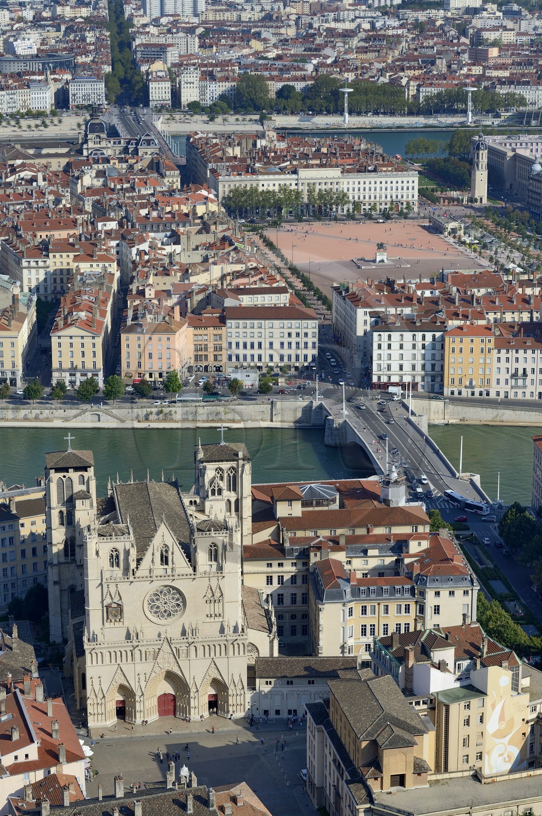 France, Rhone, Lyon, historical site listed as World Heritage by UNESCO, Vieux Lyon (Old Town), Saint Jean Cathedral (Saint John's Cathedral), the Bonaparte bridge over the Saone River and the place Bellecour in the district of La Presqu'Ile in the background