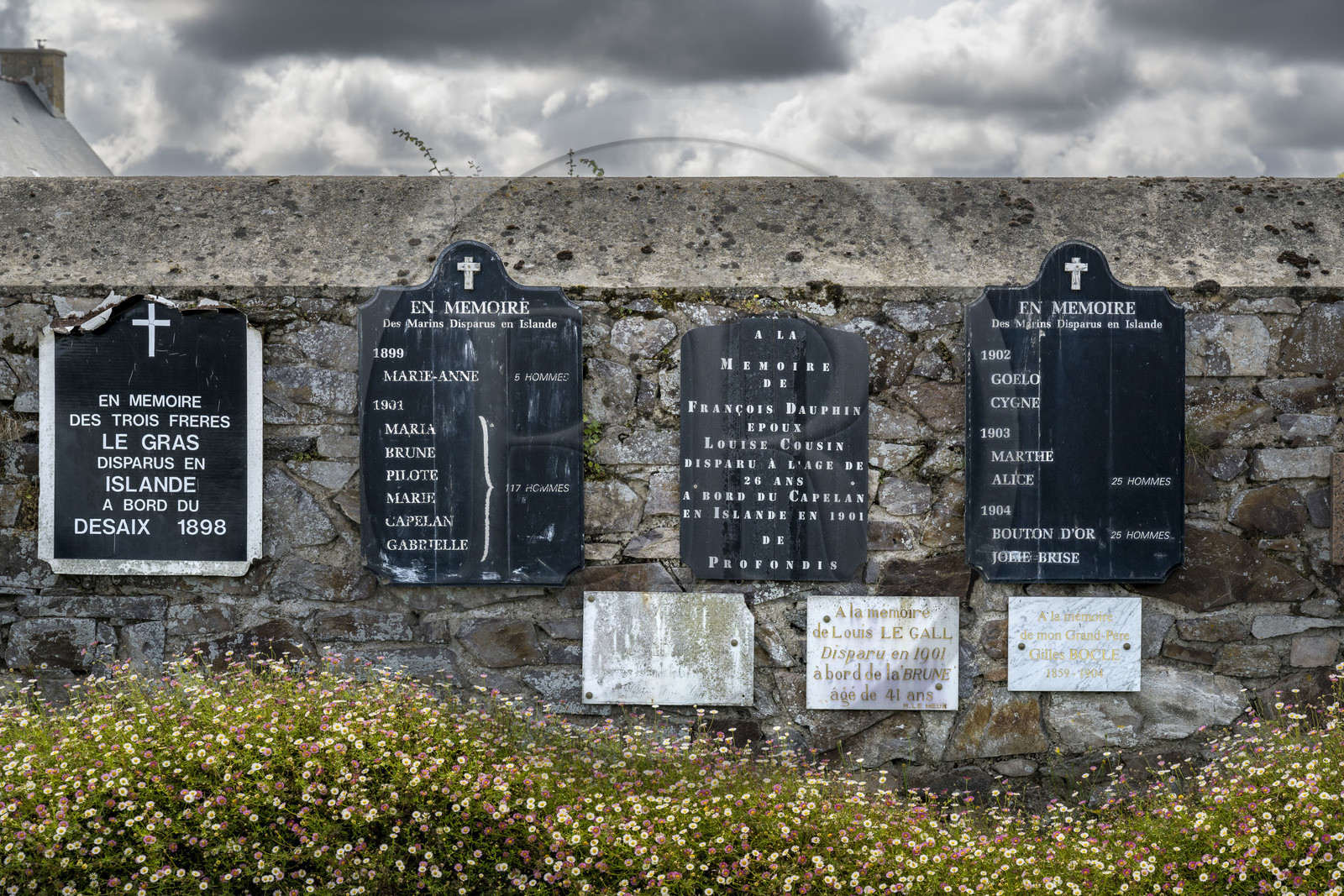 France, Cotes d'Armor, Ploubazlanec, the Wall of the Missing located within the Ploubazlanec cemetery evokes through commemorative plaques the some 120 schooners and 2000 sailors who disappeared during the cod fishing campaigns in the Icelandic Sea between 1852 and 1955