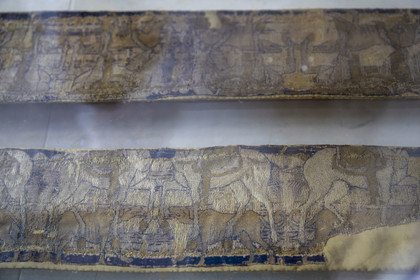 France, Finistère, Ponant Islands, Ile de Batz (Batz Island), the Notre-Dame-du-Bon-Secours church in the Bourg, stole known as Saint Paul Aurélien, oriental silk fabric from the 8th century