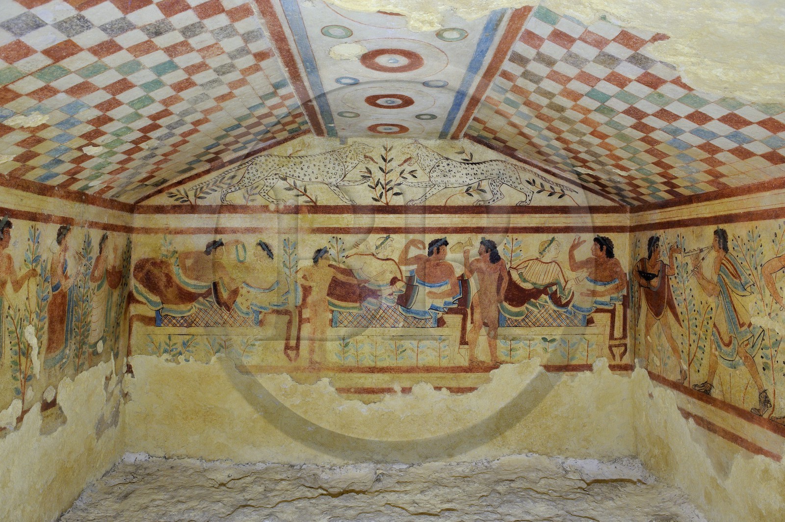 Italy, Lazio, Province of Viterbo, Tarquinia, Ancient Etruscan necropolis Monterozzi (Necropoli dei Monterozzi) listed as World Heritage by UNESCO, Tomb of the Leopards (Tomba dei Leopardi)