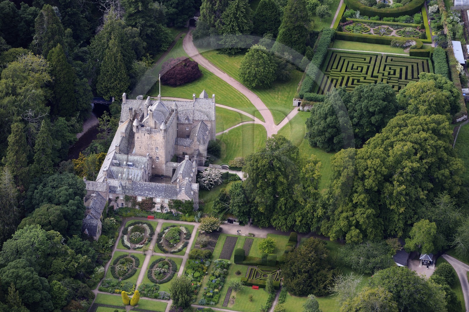 United Kingdom, Scotland, Highland, Cawdor Castle build at the end of the 14th century surrounded by gardens (aerial view)