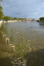 France, Rhone, Lyon, historical site listed as World Heritage by UNESCO, Quai de la Pecherie under water during the Saone River overflow