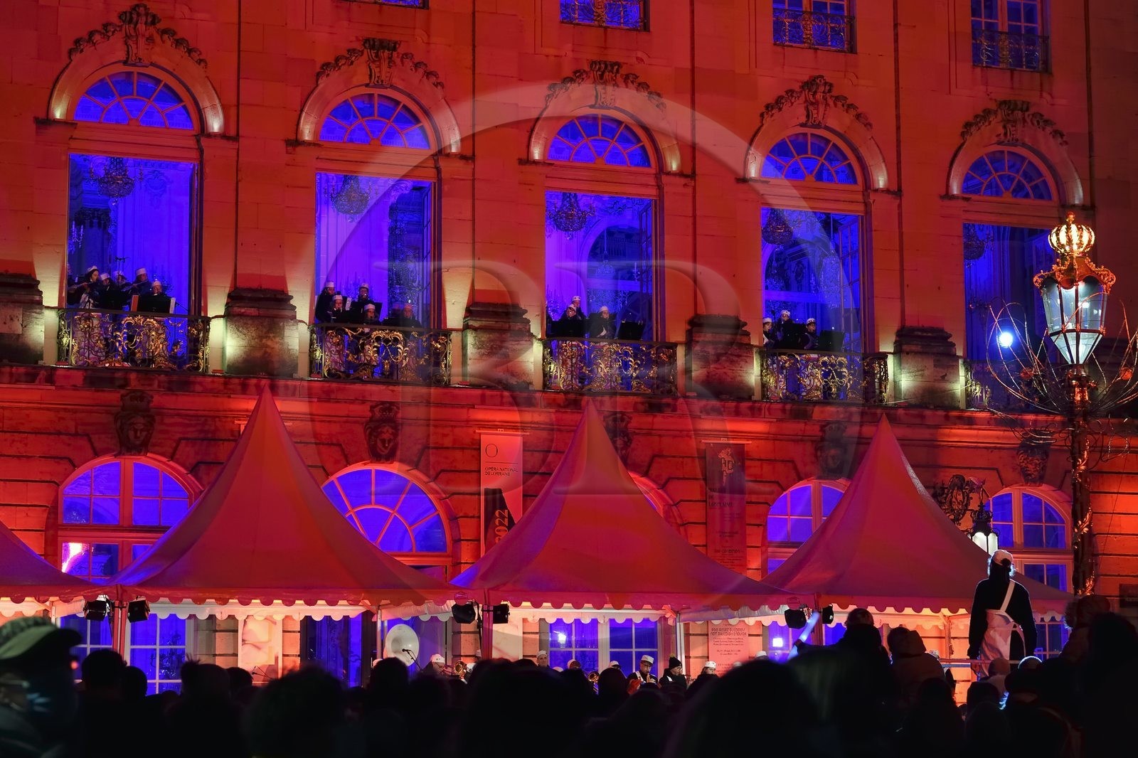 France, Meurthe-et-Moselle, Nancy, place Stanislas (former Place Royale) during the feast of Saint-Nicolas, listed as World Heritage by UNESCO, the Fanfare des Enfants du Boucher (Butcher's Children's Marching Band) plays from the Opera National de Lorraine