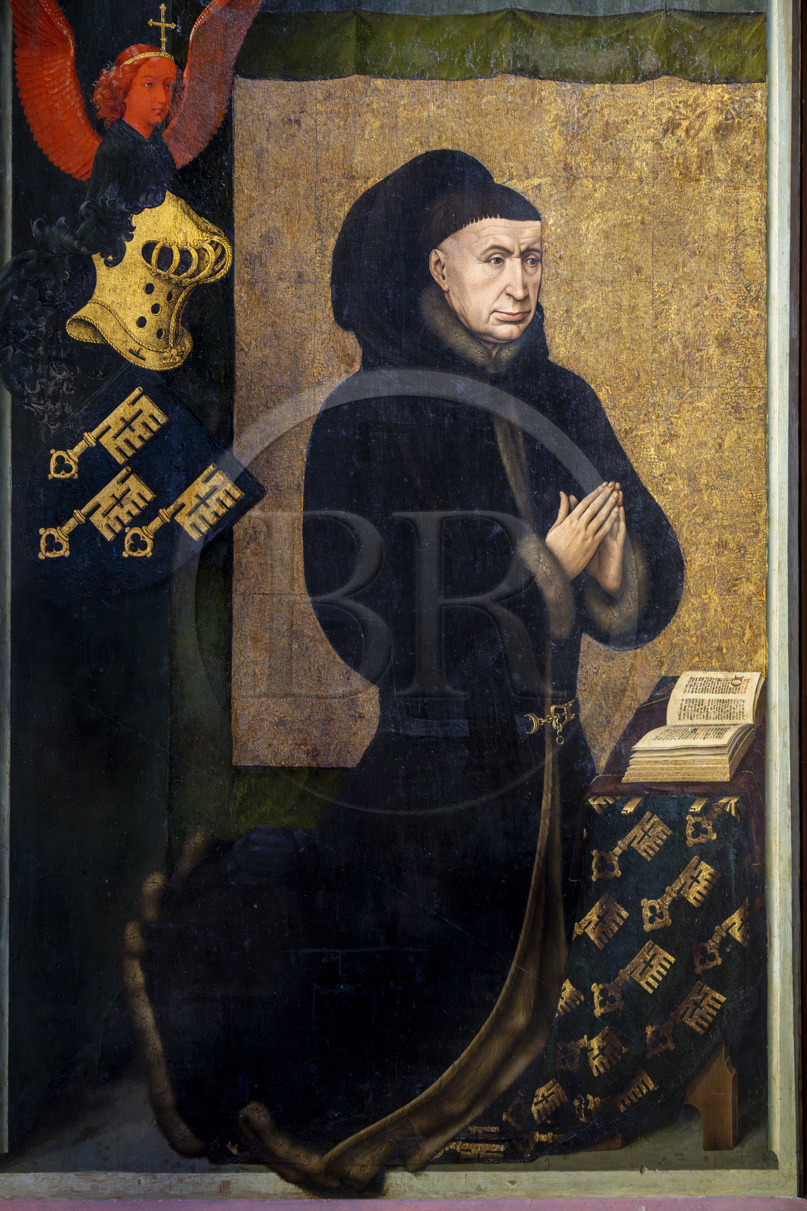 France, Côte-d'Or (21), Beaune, zone classée Patrimoine Mondial de l'UNESCO, Hospices de Beaune, l'Hôtel-Dieu, salle du Polyptyque, détail du polyptyque du Jugement Dernier fermé, oeuvre réalisée au XVe siècle par de Rogier Van Der Weyden, portrait de Nicolas Rolin, fondateur des hospices avec son épouse Guigone de Salins