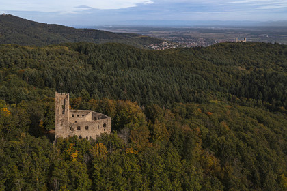 France, Bas-Rhin (67), Route des vins d'Alsace, Andlau, le chateau de Spesbourg construit vers 1250, le chateau d'Andlau et la plaine d'Alsace en arrière plan (vue aérienne)