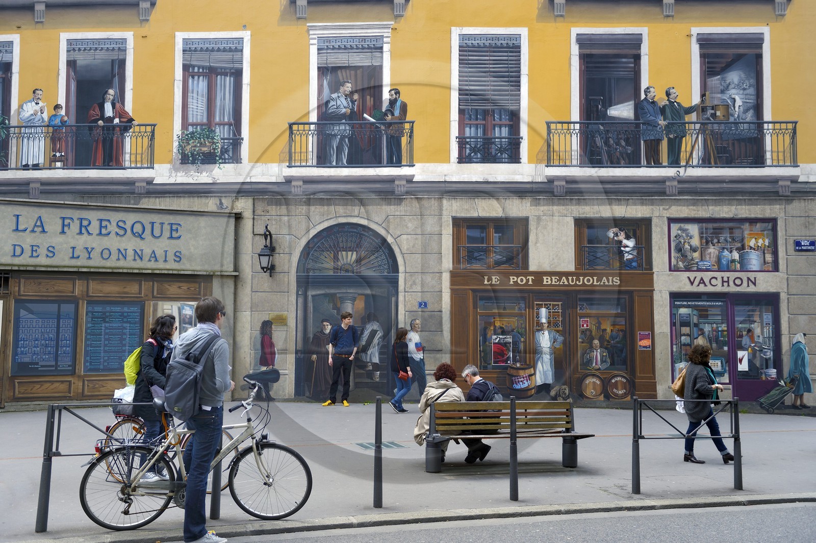 France, Rhone, Lyon, historic site listed as World Heritage by UNESCO, Rue de la Martiniere, fresco of the People of Lyon (La Fresque des Lyonnais) carried out by the City of Creation