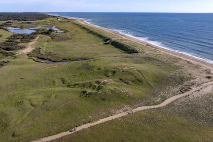 France, Vendée (85), Bretignolles-sur-Mer, la plage des Dunes en été (vue aérienne)