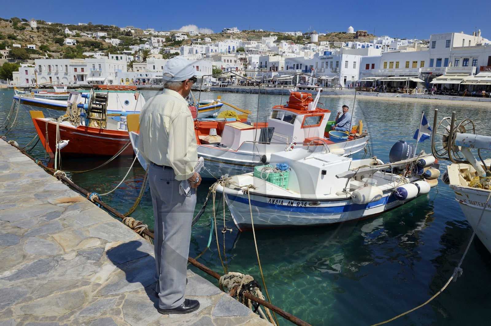 Grèce, Les Cyclades, mer Égée, île de Mykonos, Chora (Mykonos town), le vieux port de pêche
