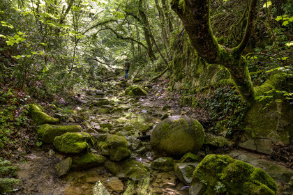France, Vaucluse, Dentelles de Montmirail mountains, Sablet, hiker crossing the Trignon river in the Prébayon valley