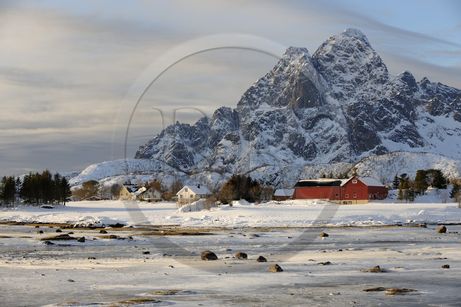 Norvège, Nordland, Iles Lofoten, paysage d'une baie gelée en hiver sur l'Ile de Vagan