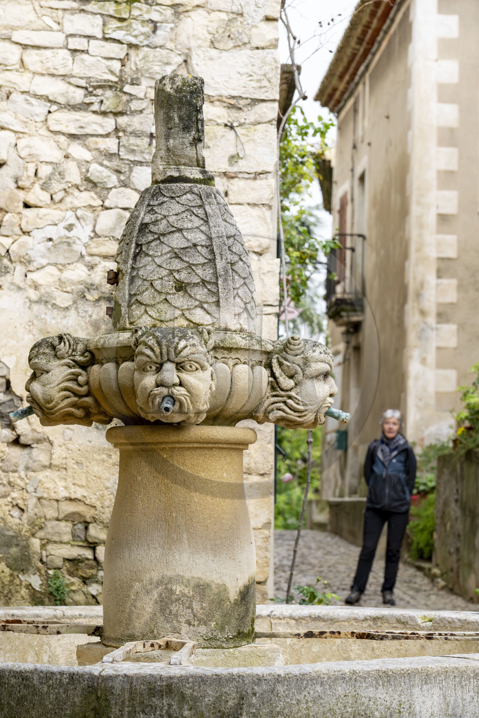 France, Vaucluse, Dentelles de Montmirail mountains, the medieval village of Séguret, labelled Les Plus Beaux Villages de France (The Most Beautiful Villages of France), the Mascarons fountain