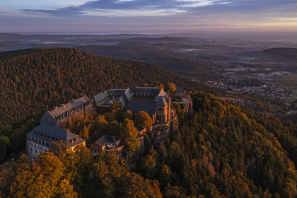 France, Bas Rhin, Mont Saint Odile, Mont Sainte-Odile Abbey also known as Hohenburg Abbey facing the plain of Alsace (aerial view)