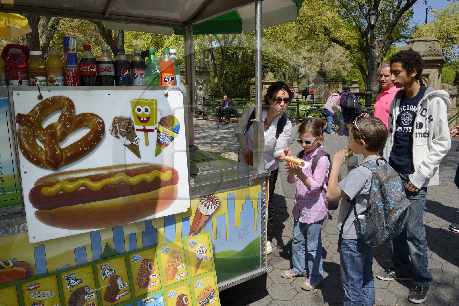 United States, New York City, Manhattan, Central Park, Hot Dog, drinks and ice cream vendor