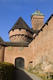 France, Bas Rhin, Orschwiller, Alsace Wine Road, Haut Koenigsbourg Castle, dungeon seen from the East with the south tower and small bastion