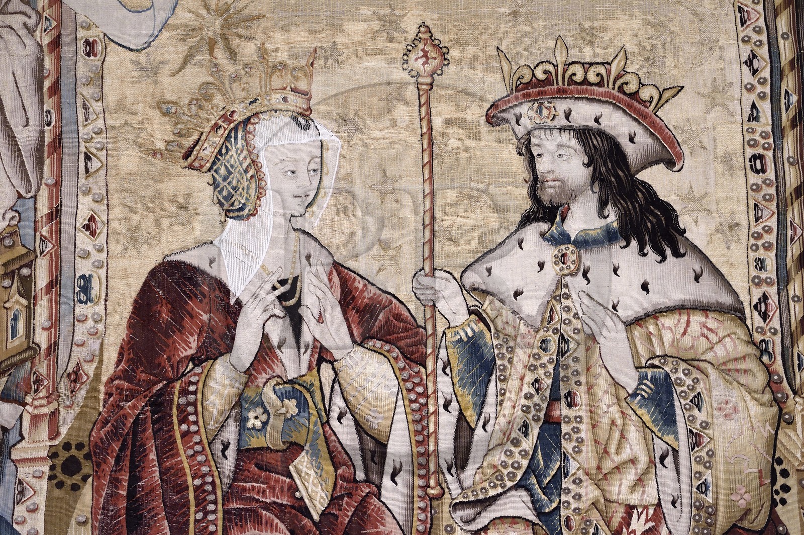 France, Haute-Loire (43), Parc naturel régional Livradois-Forez, l'abbaye de La Chaise-Dieu, tapisseries de la tenture de choeur, ensemble des 14 tapisseries flamandes réalisées au XVIe siècle retraçant des récits bibliques issus de l’Ancien et du Nouveau Testament, le Roi Salomon honore sa mère (détail)