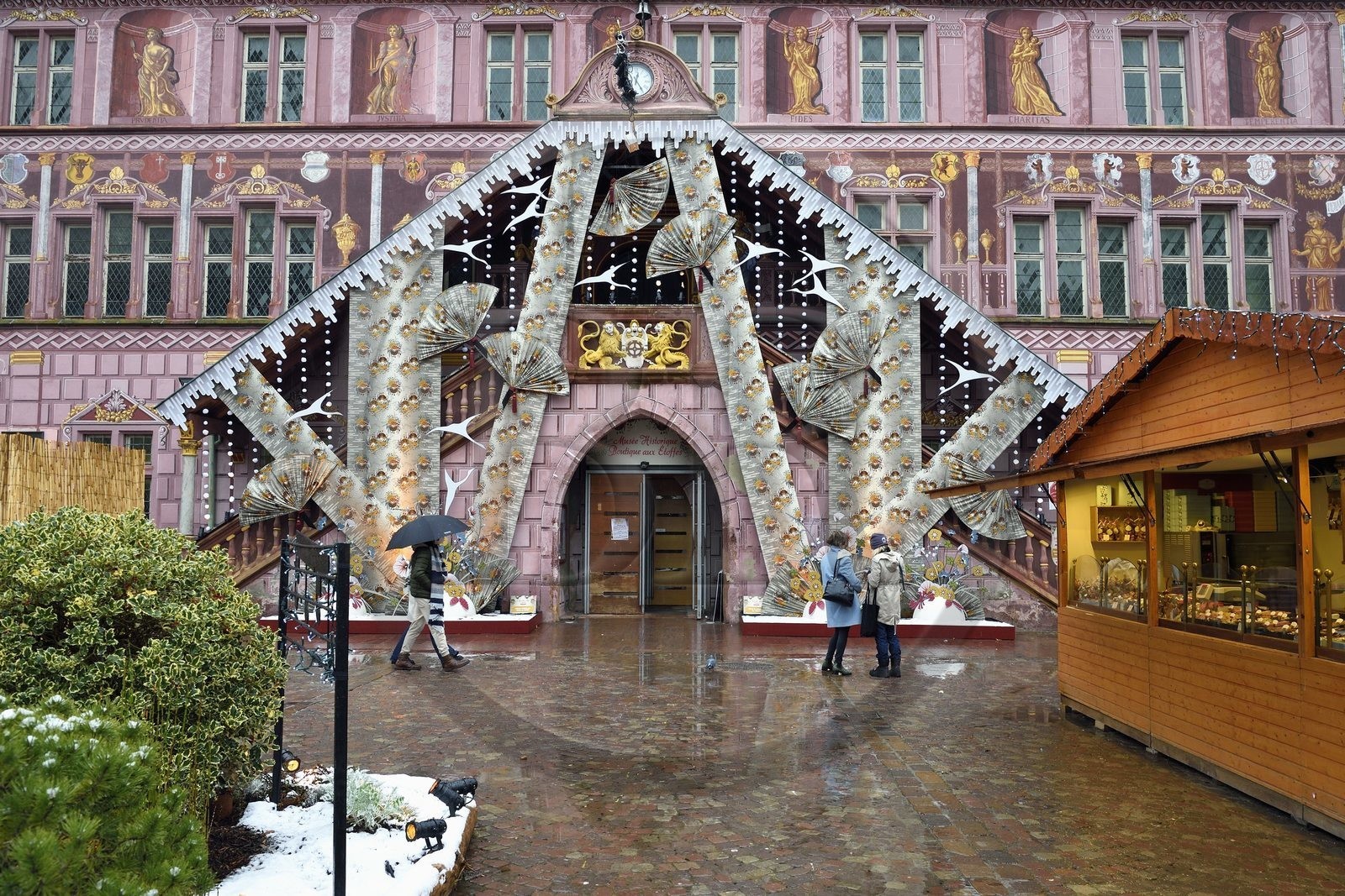 France, Haut Rhin, Mulhouse, the Town Hall decorated with the official Christmas fabric of the city of Mulhouse created by Marie-Jo Gebel, here that of 2021