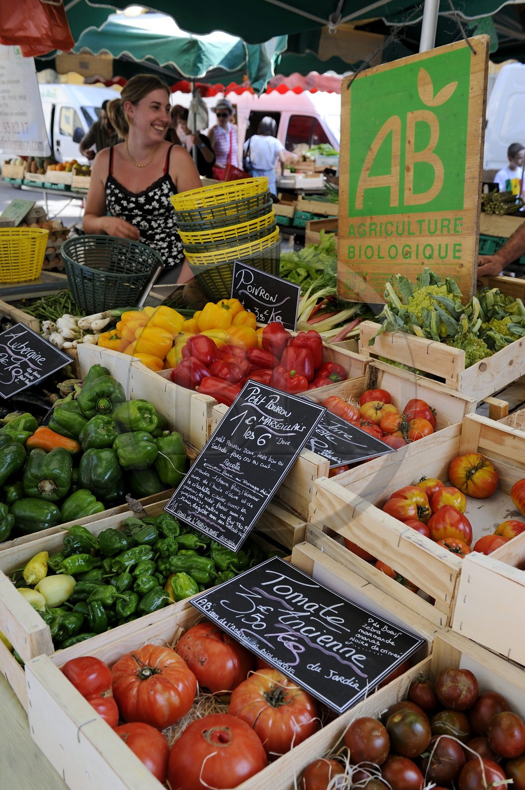 France, Bouches-du-Rhône (13), Aix-en-Provence, marché place de l'Hôtel de ville, étal de fruits et légumes bio