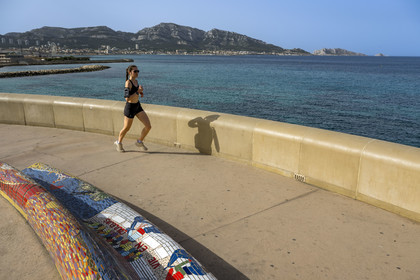 France, Bouches du Rhone, Marseille, Corniche of President John Fitzgerald Kennedy, the Viv'Arthe Association and its Mosaic Project, cover with mosaic the longest bench in the world which runs for almost 3 km along the Corniche