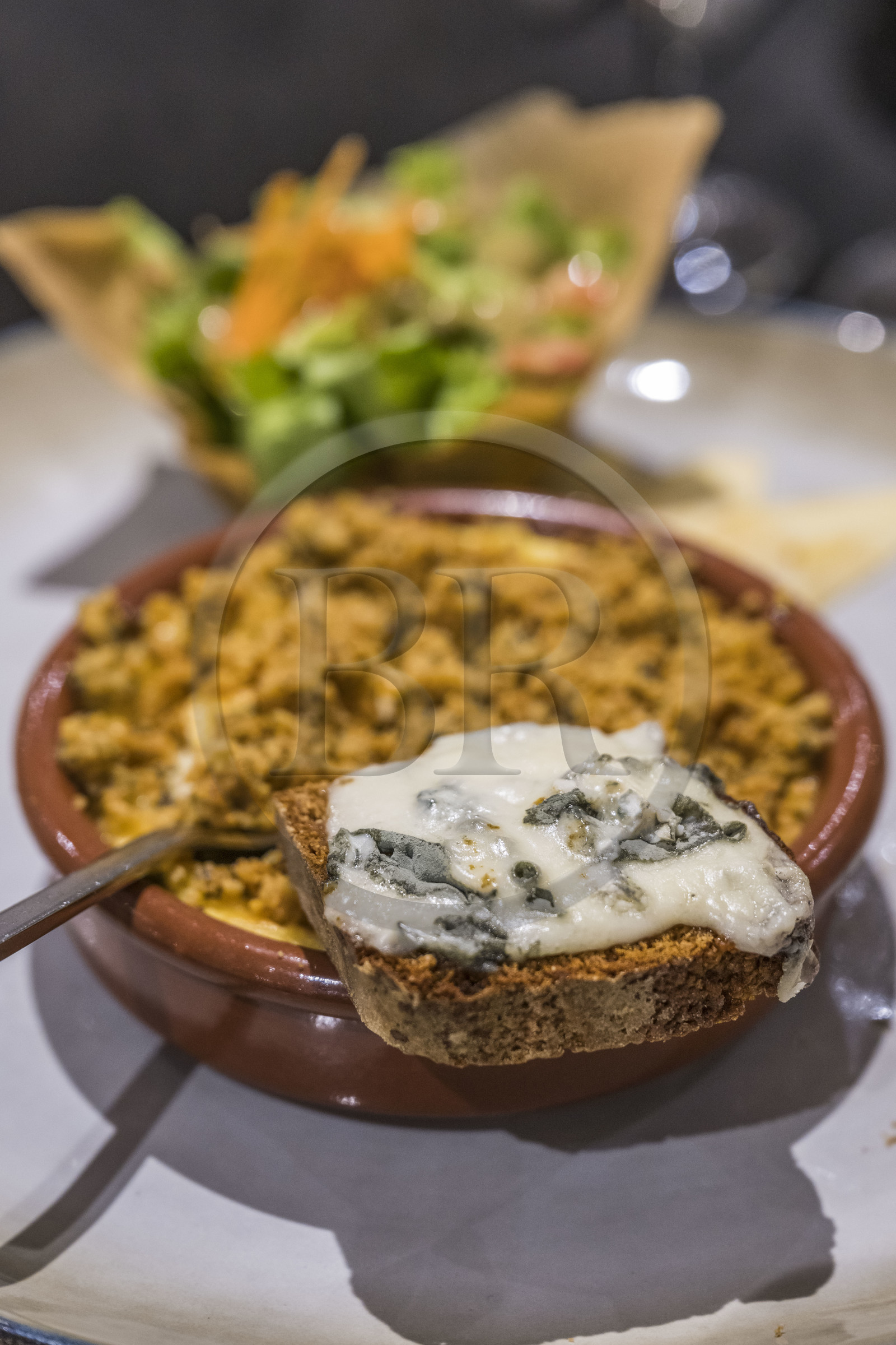 France, Aveyron, Grands-Causses Regional Nature Park, Roquefort sur Soulzon, Saint-Affrique, restaurant Le Chat Qui Dort, Crumble au Roquefort