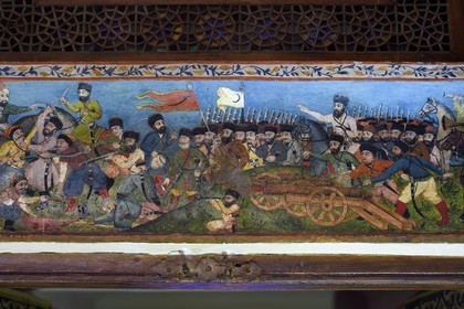 Azerbaijan, Shaki, Palace of Shaki Khans built in 1797 by Muhammed Hasan Khan, Khan's room, fresco depicting scenes of battles