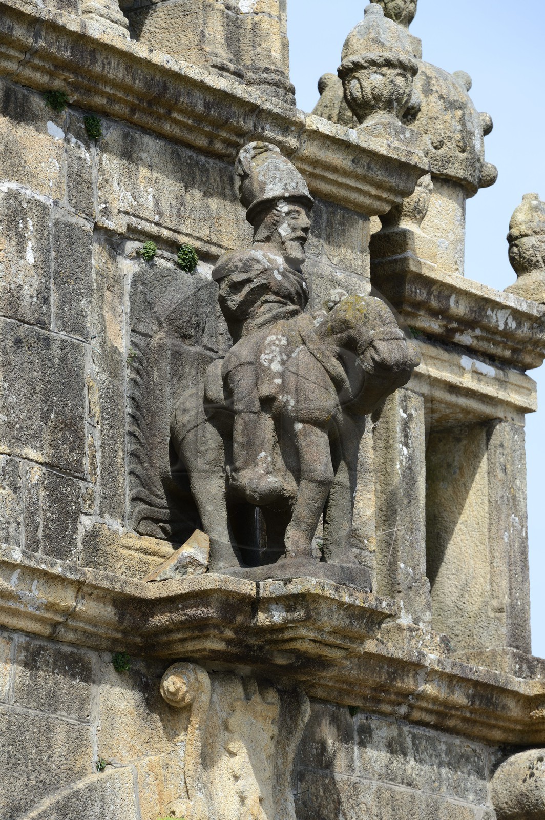 France, Finistere, Argol, Saint Pierre et Saint Paul church, equestrian statue of King Gradlon on a headland of the triumphal arch