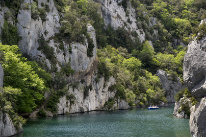 France, Alpes-de-Haute-Provence (04), Parc Naturel Régional du Verdon, Quinson, découverte en bateau électrique des Basses Gorges du Verdon en aval du lac de Sainte Croix