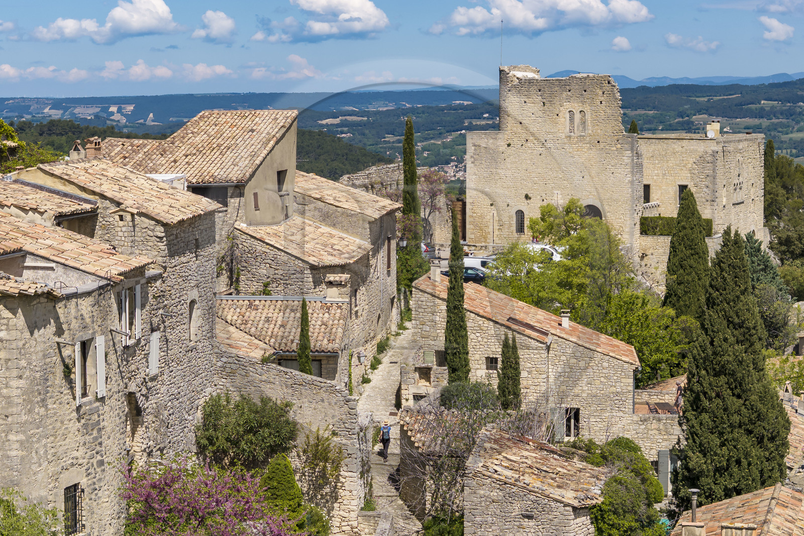 France, Vaucluse, Dentelles de Montmirail mountains, Crestet, the hilltop village of Crestet and its 9th century castle (aerial view)